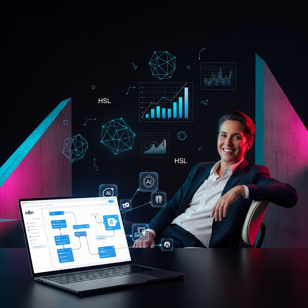 Imagem de um profissional (coach/consultor) sorrindo e relaxado com gráficos de crescimento e um laptop com a interface do n8n e ícones de AI ao fundo representando sucesso e alívio do trabalho manual com HSL / visual tecnológico