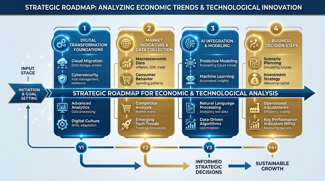 Diagrama do framework estratégico para análise de tendências de mercado, indicadores macroeconômicos e integração de inteligência artificial corporativa
