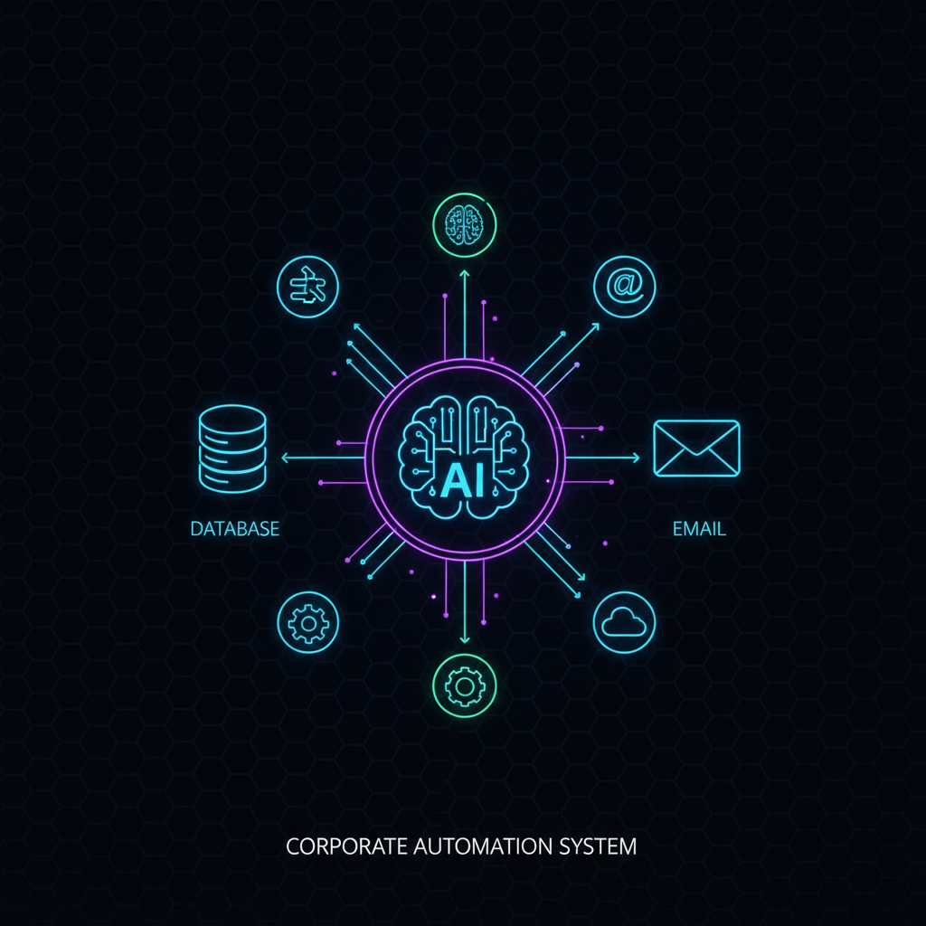 Ilustração vetorizada moderna para temas de tecnologia mostrando nós interconectados de um sistema de automação corporativa com ícones de IA banco de dados e e mail em fundo limpo e corporativo