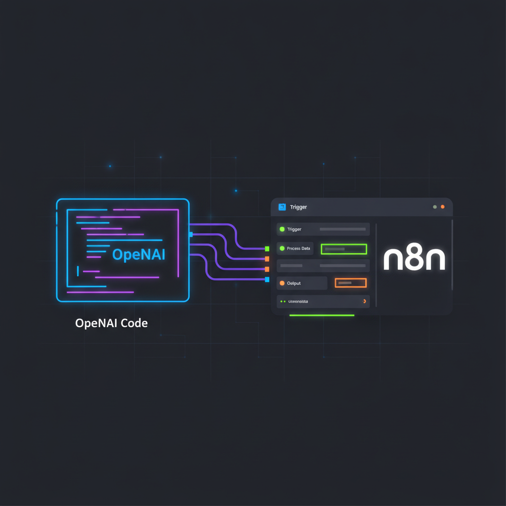 Ilustração vetorizada moderna em estilo flat design mostrando um pipeline de dados automatizado conectando código OpenAI à interface visual do n8n paleta de cores profissional