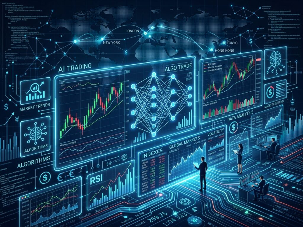 Ilustração editorial de inteligência artificial e redes neurais redefinindo as negociações do mercado financeiro e a economia mundial