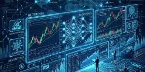 Ilustração editorial de inteligência artificial e redes neurais redefinindo as negociações do mercado financeiro e a economia mundial