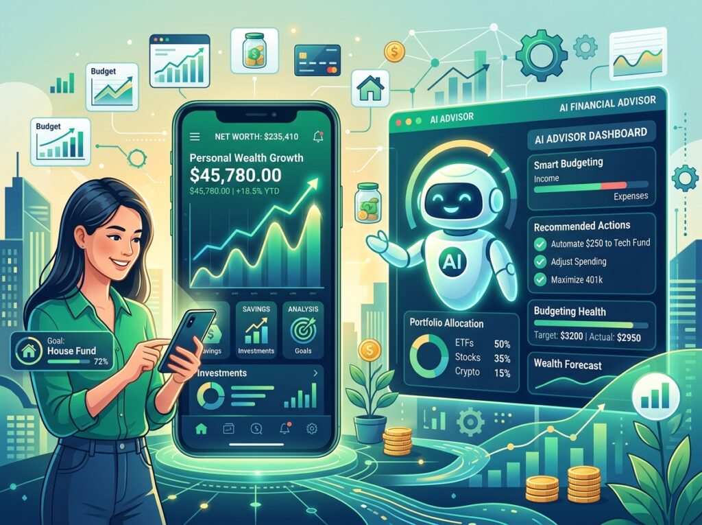Ilustração editorial de aplicativo inteligente de finanças pessoais com assistente de inteligência artificial para otimização de gastos e investimentos