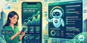 Ilustração editorial de aplicativo inteligente de finanças pessoais com assistente de inteligência artificial para otimização de gastos e investimentos