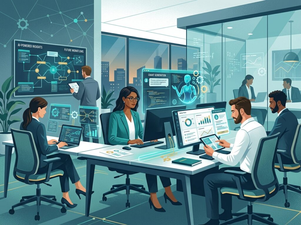 Ilustração profissional de profissionais colaborando com sistemas de inteligência artificial em ambientes corporativos modernos