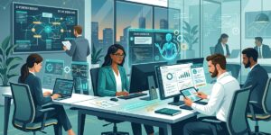 Ilustração profissional de profissionais colaborando com sistemas de inteligência artificial em ambientes corporativos modernos