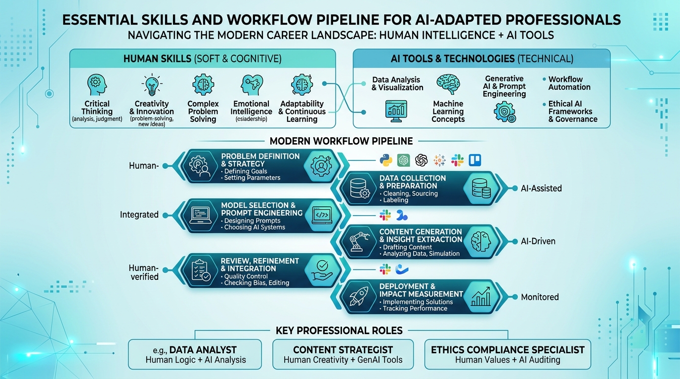Infográfico exibindo a integração entre competências humanas cognitivas e ferramentas de inteligência artificial para o profissional do futuro
