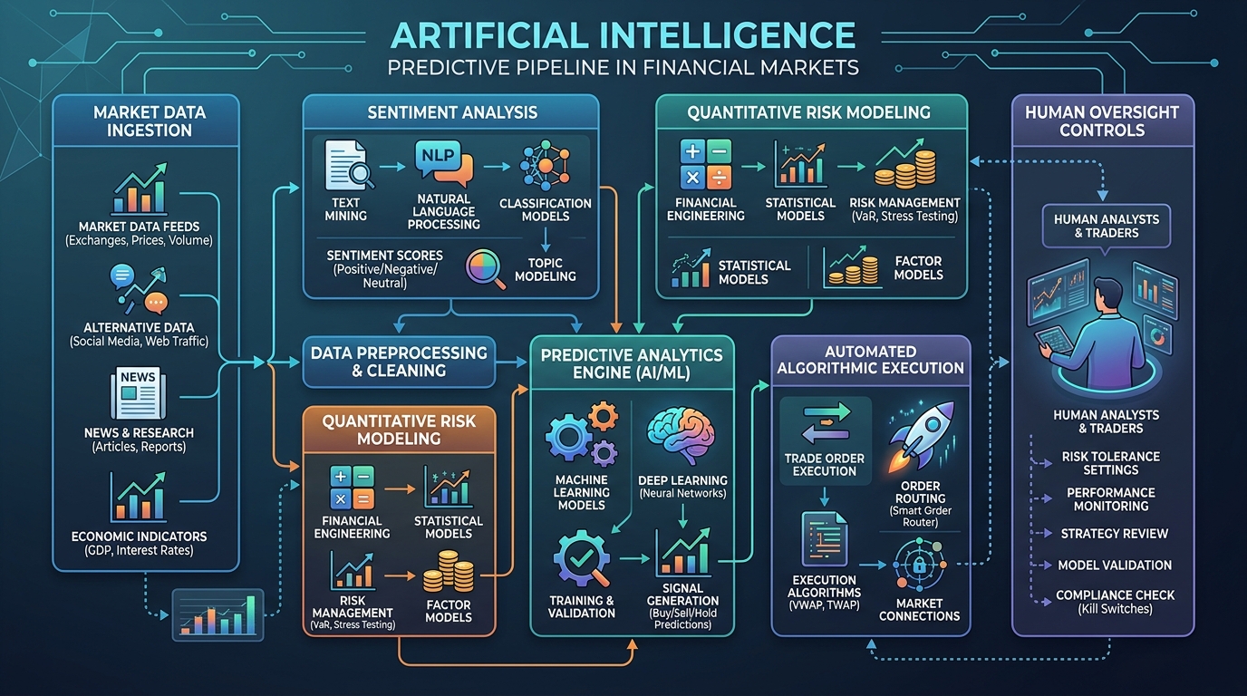 Diagrama do fluxo de inteligência artificial preditiva em mercados financeiros: ingestão de dados, análise de sentimento, modelagem quantitativa de risco e supervisão humana