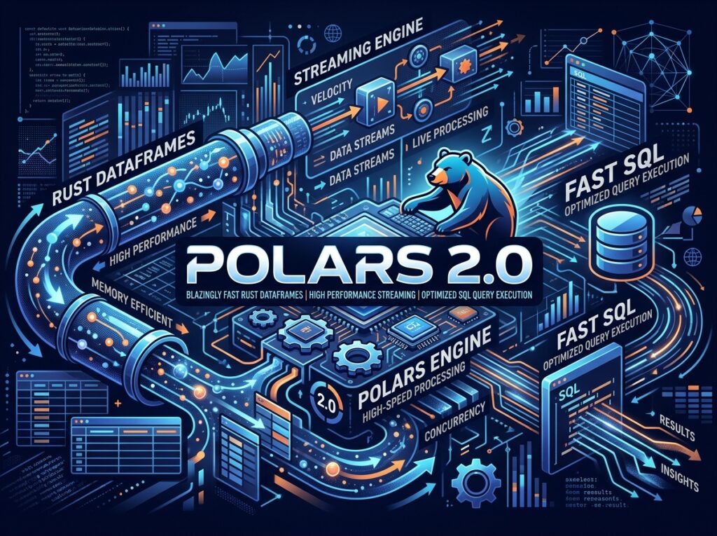 Ilustração editorial técnica do motor Polars 2.0 com processamento em streaming, DataFrames em Rust e consultas SQL otimizadas