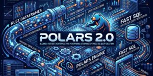 Ilustração editorial técnica do motor Polars 2.0 com processamento em streaming, DataFrames em Rust e consultas SQL otimizadas