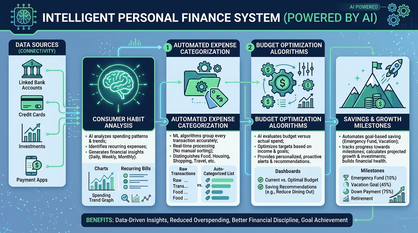 Diagrama do sistema financeiro com inteligência artificial: análise de consumo, categorização automática de despesas e metas de crescimento patrimonial
